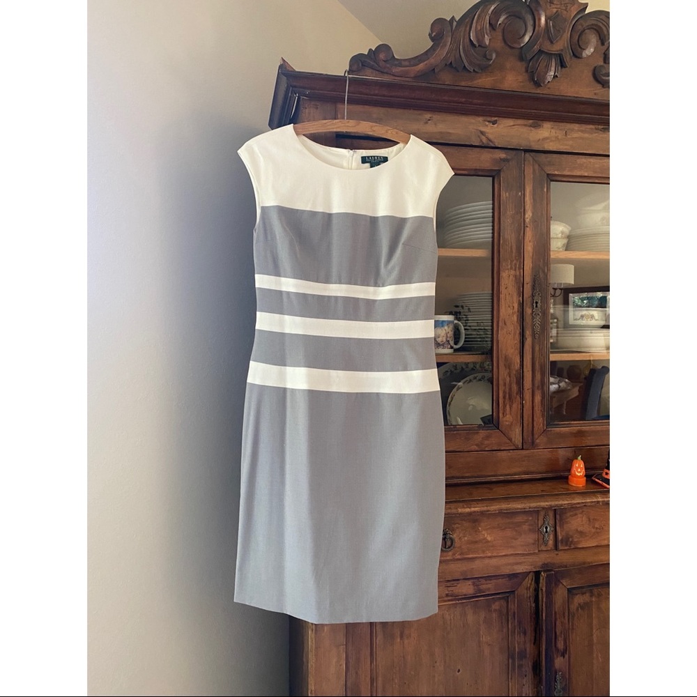 Lauren Ralph Lauren Grey and White Cap-Sleeved Dress